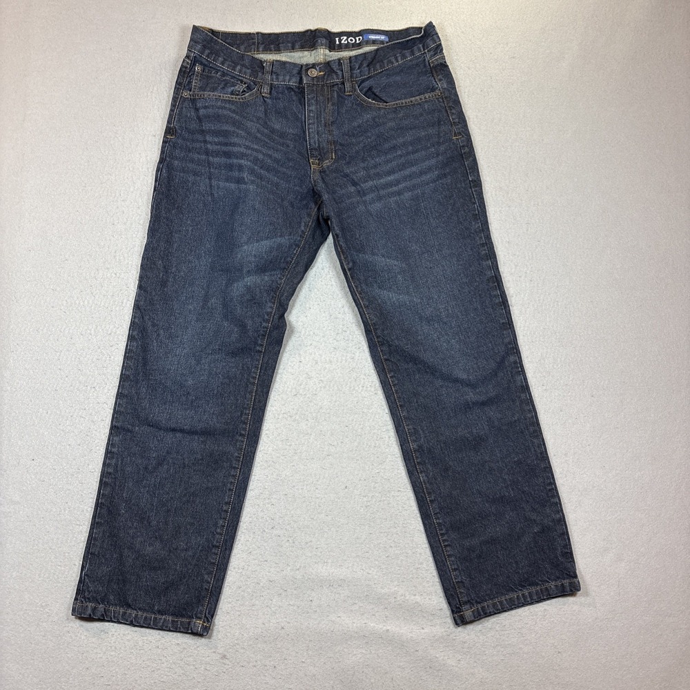 IZOD Men Straight Fit Comfort Stretch Dark Wash Blue Denim Jeans 5-Pocket 36X30
